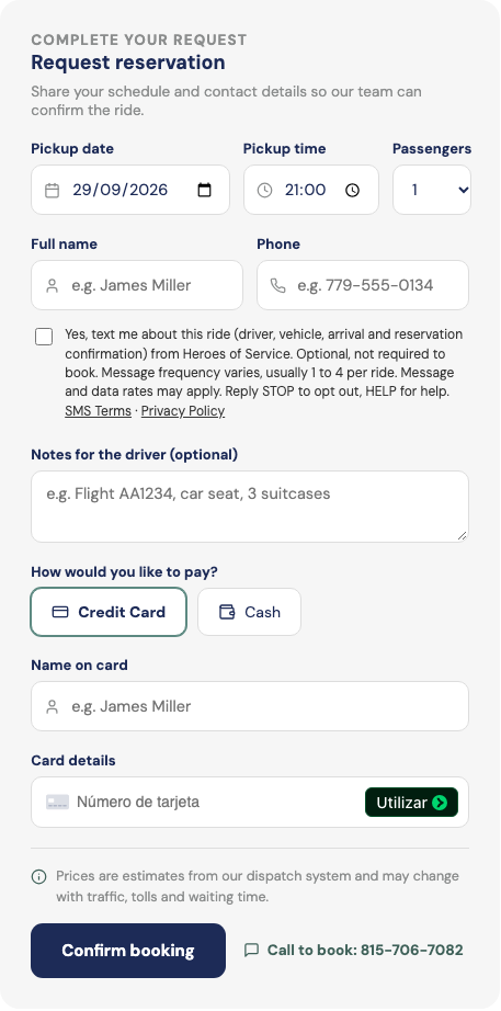 Booking form with the optional, unchecked SMS consent checkbox below the phone field