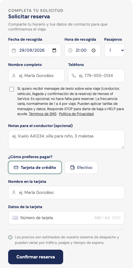 Formulario de reserva con la casilla opcional de SMS sin marcar debajo del teléfono